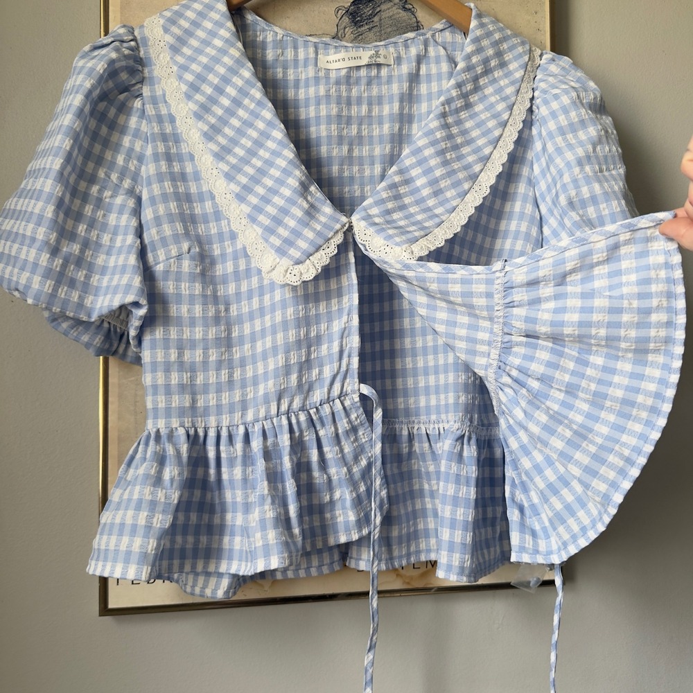 Coquette Blue White Gingham Peter Pan Collar Peplum Puff Sleeve Blouse Large - Picture 2 of 12